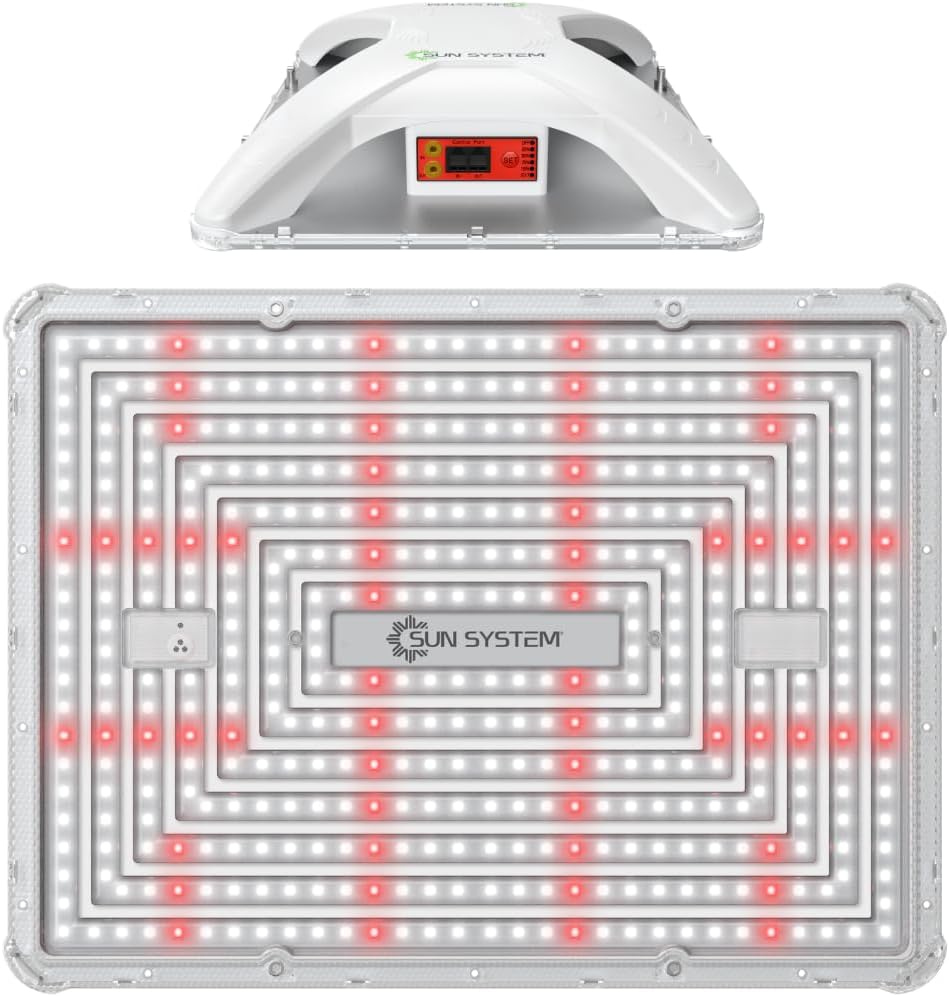 LED grow light with 'Sun System' branding on a white background